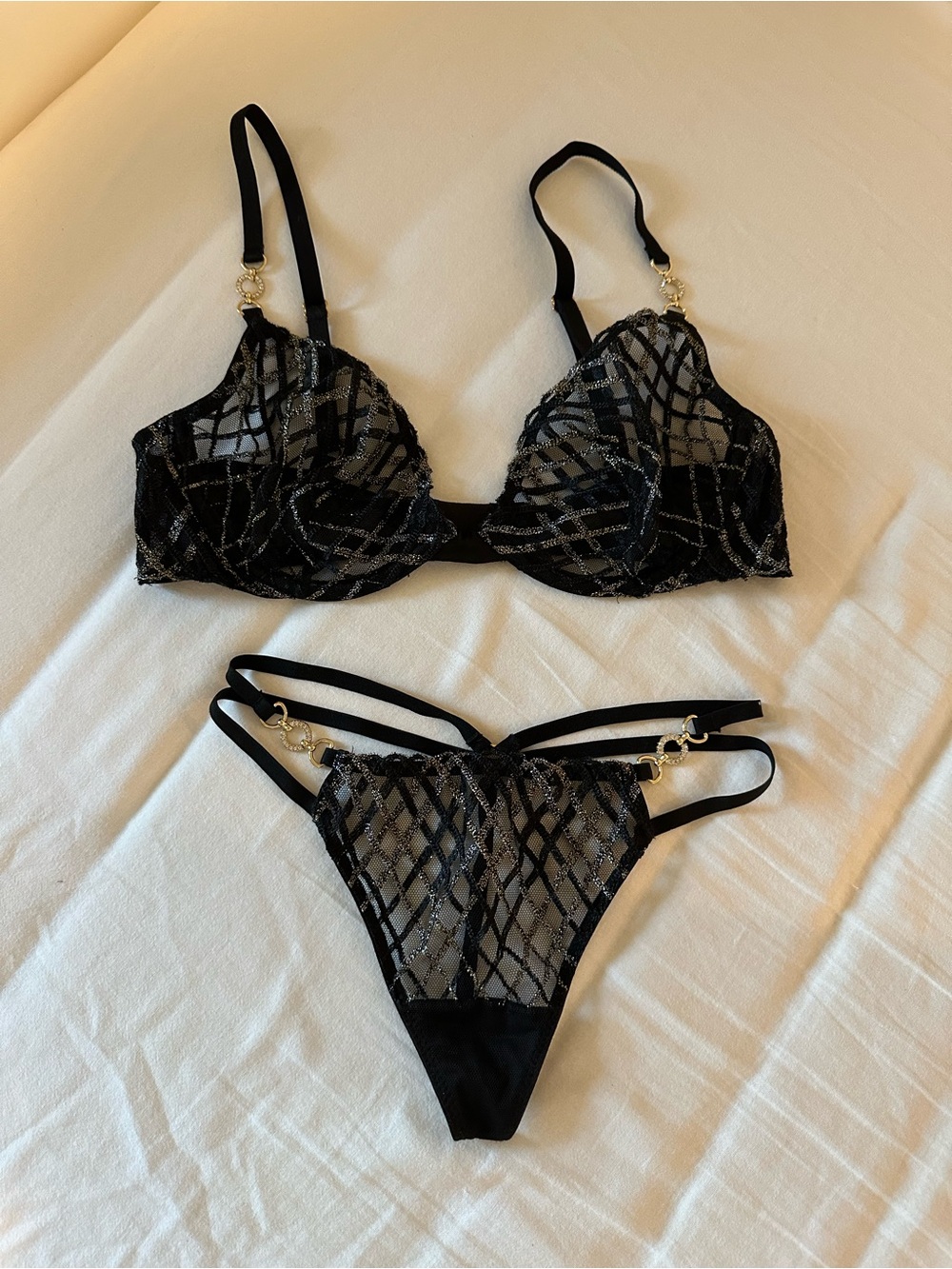 Victoria's Secret Black Sheer Lace Underwire Bra with Strappy Thong